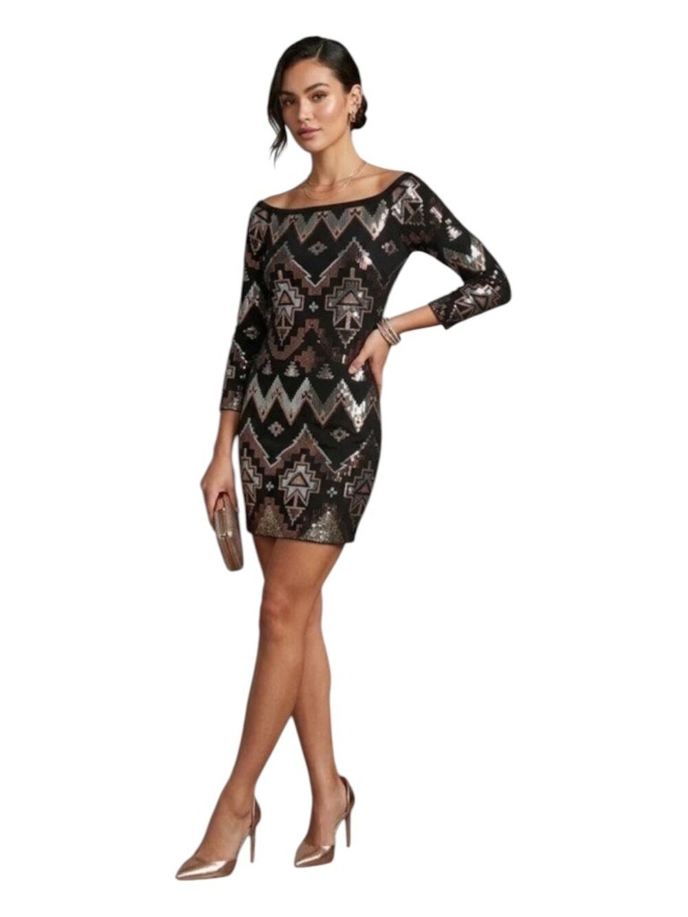 Express NWT Black Sequin Geometric Bodycon Mini Dress Boat Neck Cocktail XS